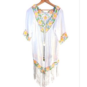 Boho Crochet Swimsuit Coverup Tie Front Grandma Square Festival Women's Size XL